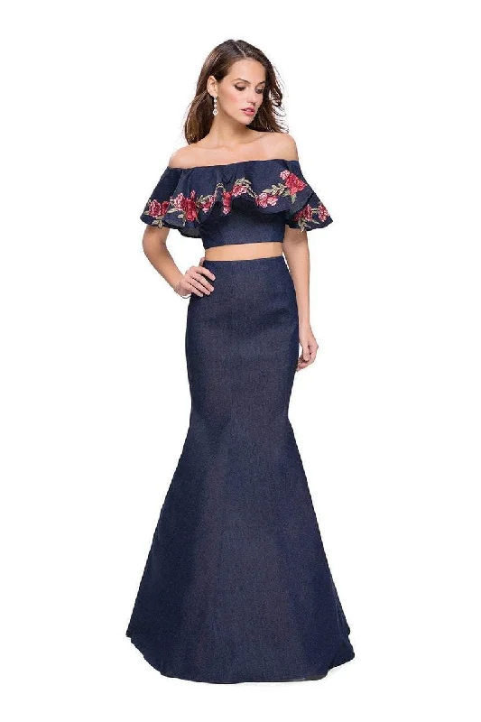 Today’s Deal La Femme - 26013 Off The Shoulder Ruffle Denim Two Piece Gown