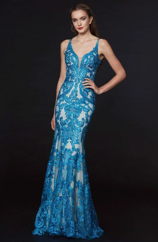 Savings Galore Angela & Alison - 91074 Embellished Deep V-neck Trumpet Dress
