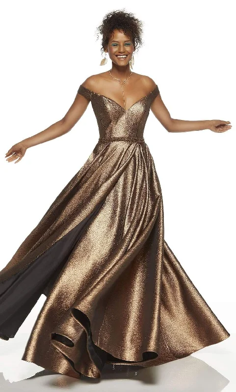 Loyalty Reward Alyce Paris - 60718 Off The Shoulder V-Neck Metallic Jacquard A-Line Gown - 1 pc Metallic Purple in Size 16 Available