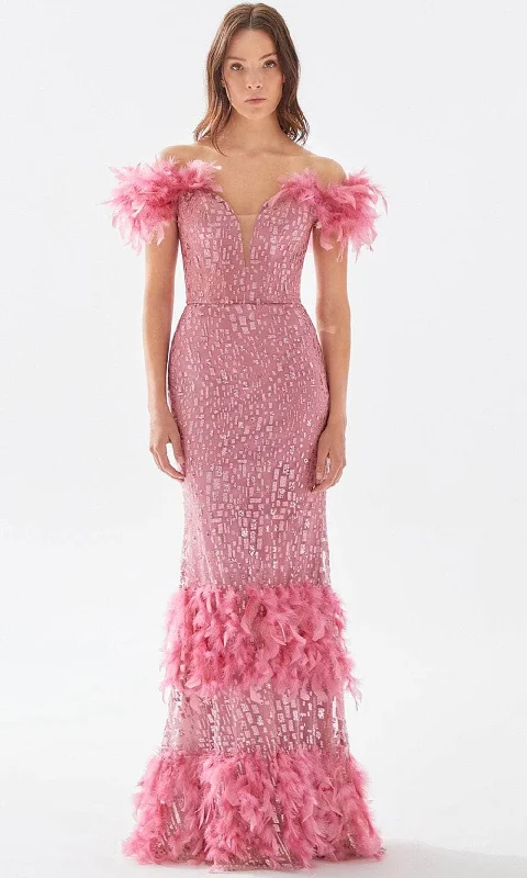 Super Savings Tarik Ediz 52144 - Feathered Off Shoulder Prom Gown