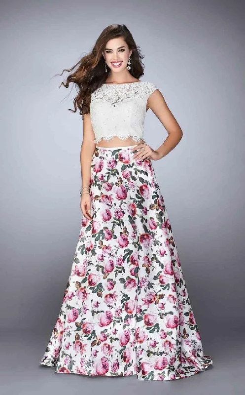 Overstock La Femme - 24428 Fringy Lace Bateau Illusion Floral Long Evening Gown