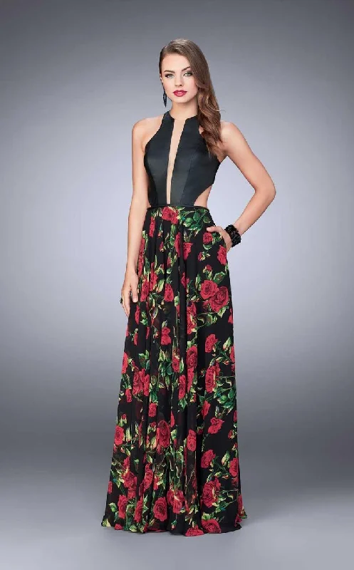 Closeout Sale La Femme - 24273 Enthralling Halter Floral Print A-Line Long Evening Gown Closeout Sale La Femme - 24273 Enthralling Halter Floral Print A-Line Long Evening Gown