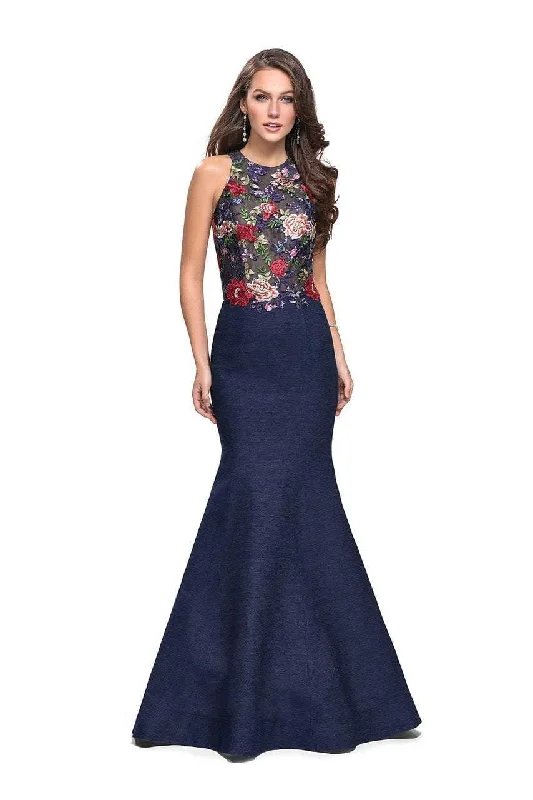 Flash Sale La Femme - 25885 Floral Printed Open Back Denim Trumpet Gown