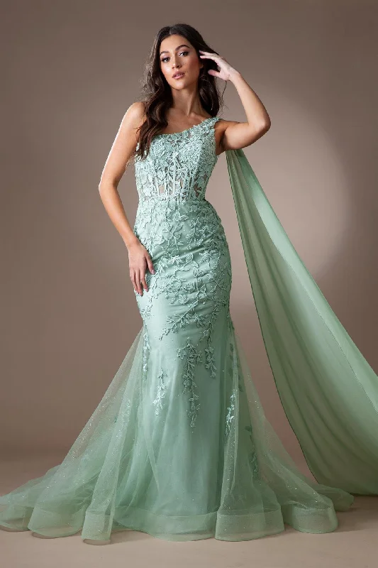 Closeout Applique One Shoulder Cape Gown by Amelia Couture 7048