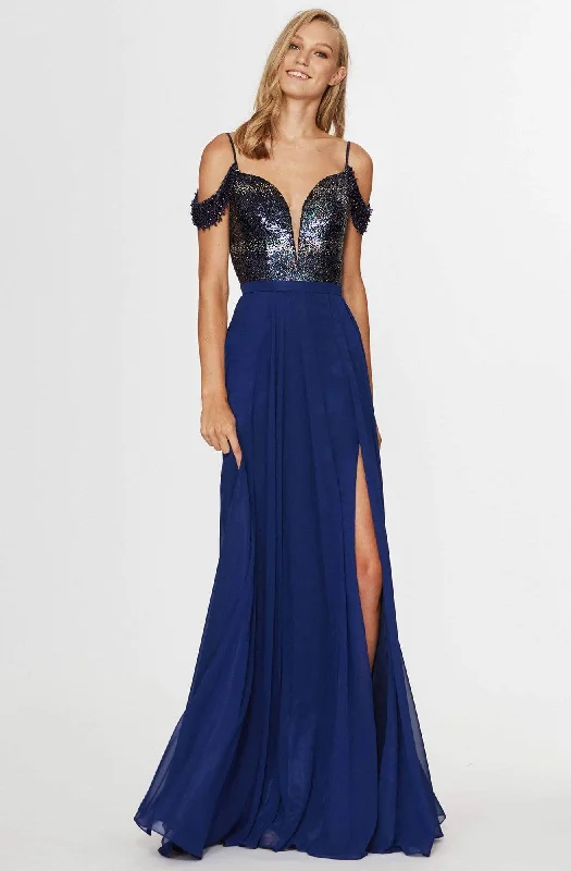 Crazy Deals Angela & Alison - 91055 Plunging Cold Shoulder A-Line Gown