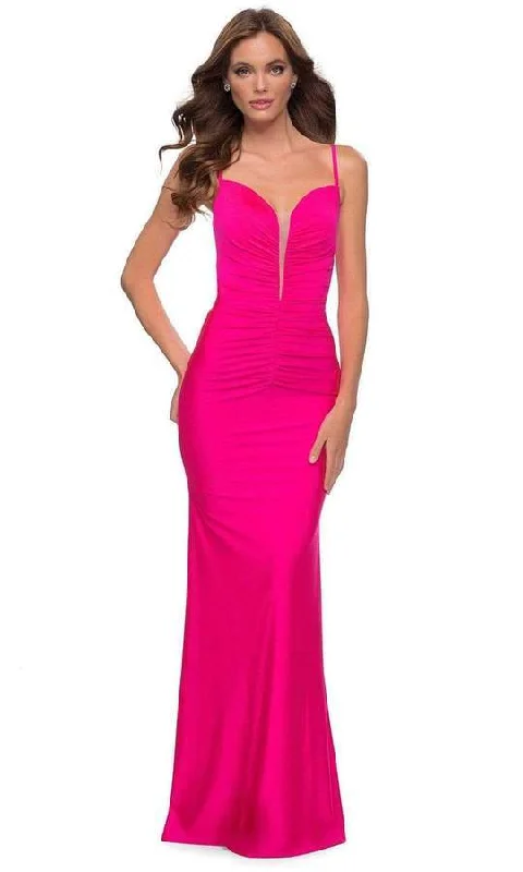 Reduced Prices La Femme - Open Back Ruched Long Dress 29966 - 2 pc in Neon Pink Available Reduced Prices La Femme - Open Back Ruched Long Dress 29966 - 2 pc in Neon Pink Available