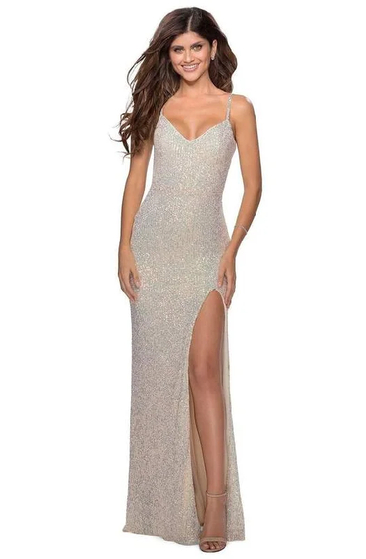 Sale Event La Femme - Sequined V-Neck Dress with Slit 28441SC - 1 pc Champagne In Size 2 Available