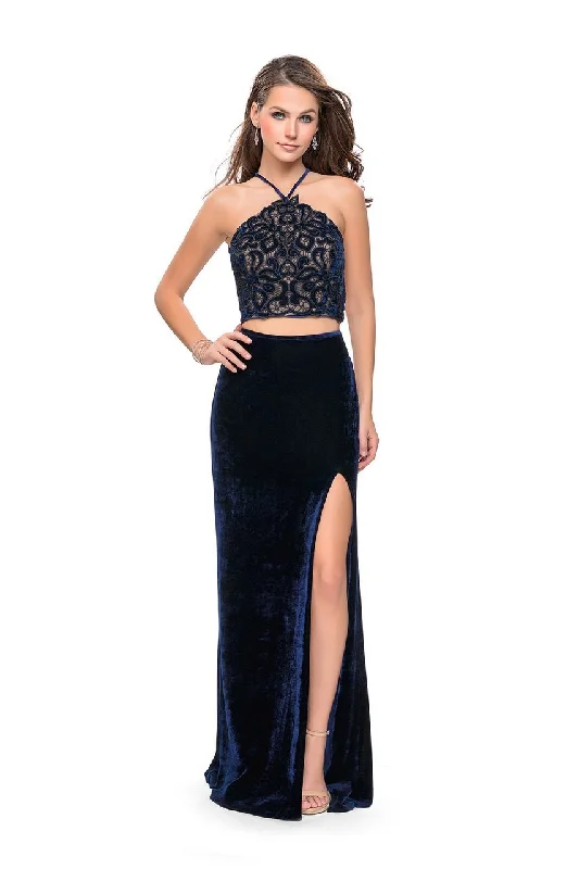 The Best Prices La Femme - 26115 Two Piece Halter Lace Velvet Evening Dress