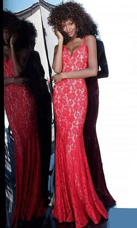 Overstock Jovani - 68005 Plunging V-neck Stretch Lace Trumpet Dress