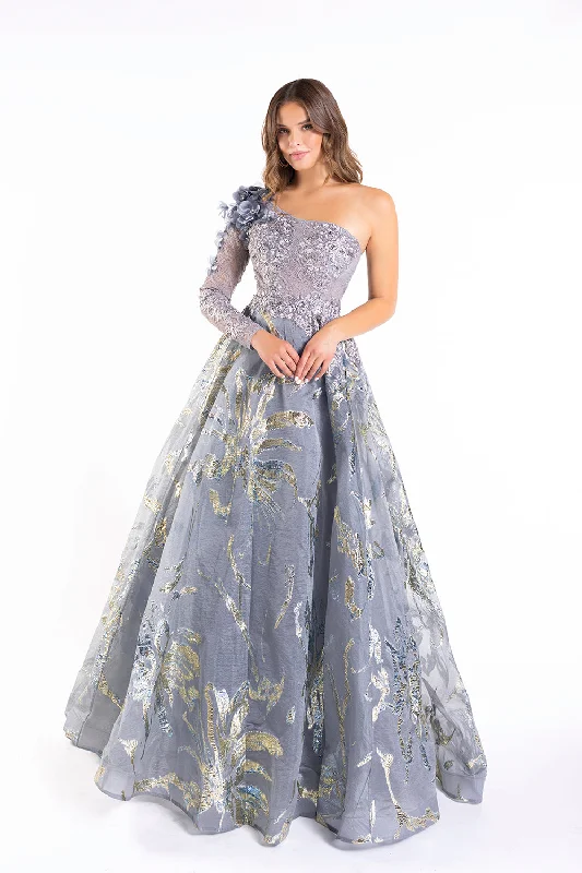 Deal Mania Brocade One Shoulder A-line Gown by Lucci Lu C8054