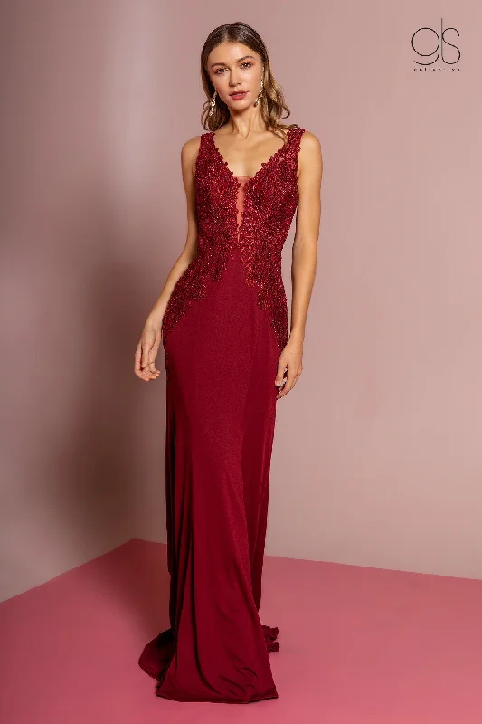 Final Clearance Long V-Neck Dress with Embroidered Bodice by Elizabeth K GL2614