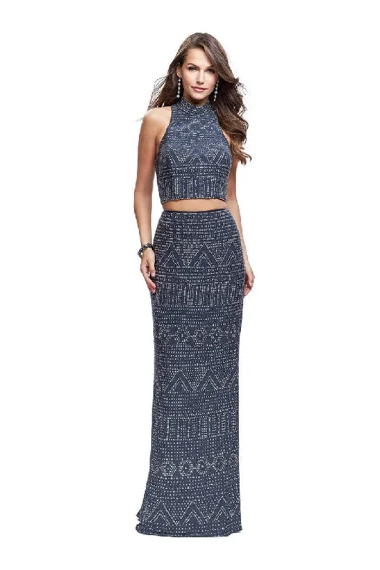Discount Days La Femme - 26045 High Neck Patterned Metallic Beaded Two Piece Gown