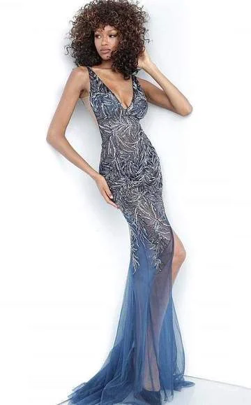 While Supplies Last Jovani - Deep V-Neck Tulle Trumpet Dress 1863SC