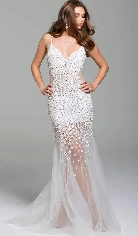 Special Price Jovani - Beaded Plunging V-neck Tulle Trumpet Dress 60695SC