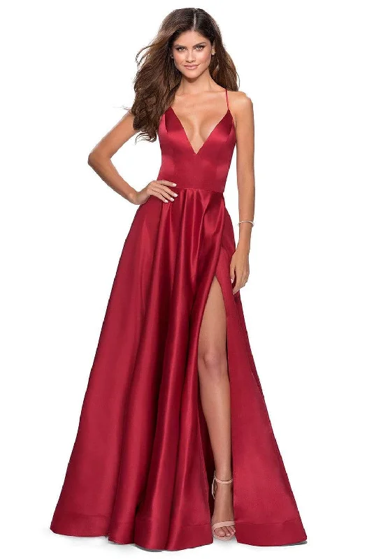 Special Offer La Femme - Plunging V-Neck Fitted Satin A-Line Dress 28628SC