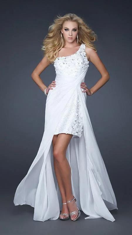 Discount Extravaganza La Femme Gigi - 17218 Ethereal Floral Appliqued Asymmetrical Gown