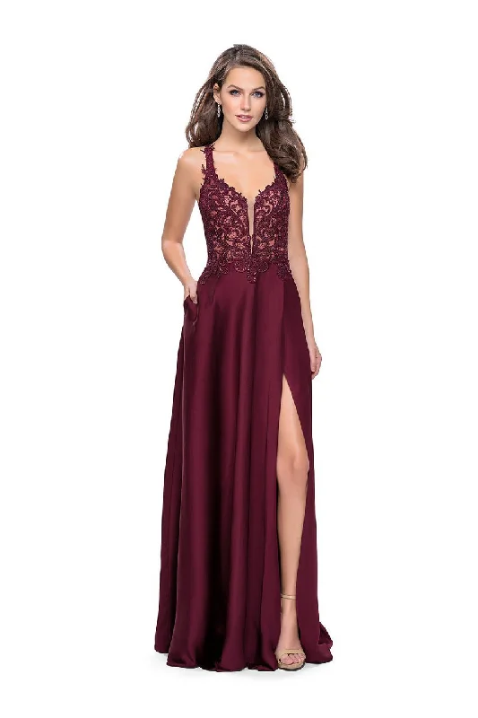 Bargain Bin La Femme - 26124 Embroidered Lace V-neck Satin A-line Gown