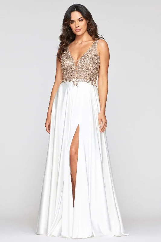 Customer Appreciation Sale Faviana - Lace Bodice Satin High Slit Dress 10407