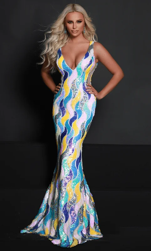 Value Deals Johnathan Kayne 2687 - V-Neck Multi Sequin Evening Gown