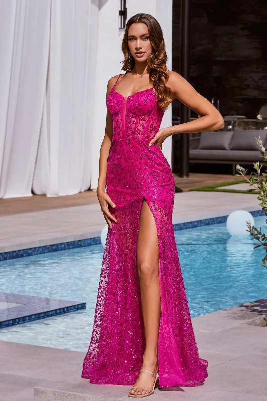 Overstock Fitted Glitter Print Sleeveless Slit Gown by Ladivine C155