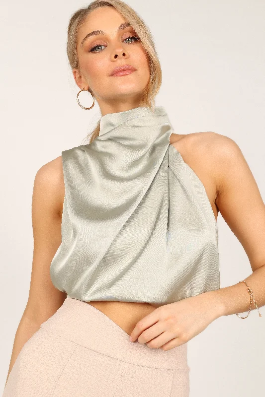 Warehouse Sale Arabella High Neck Drape Satin Top - Olive