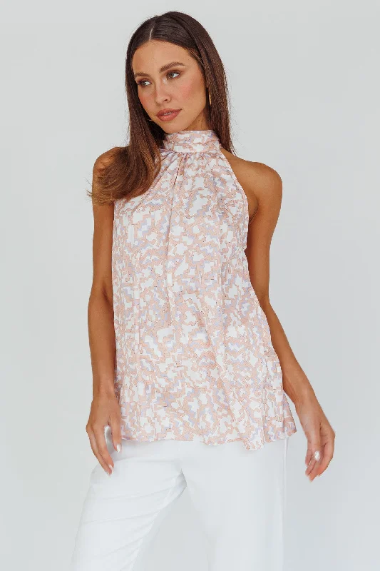 Calisto Sleeveless Tied Neck Top Geometric Apricot