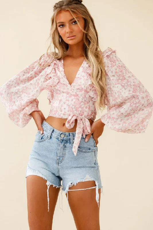 Deal Dash Hello, Dolly! Long Sleeve Waist Tie Crop Top Floral Print Pink