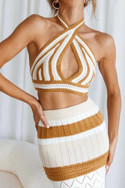 Big Discounts Higher Love Knit Halterneck Crop Top Striped Camel