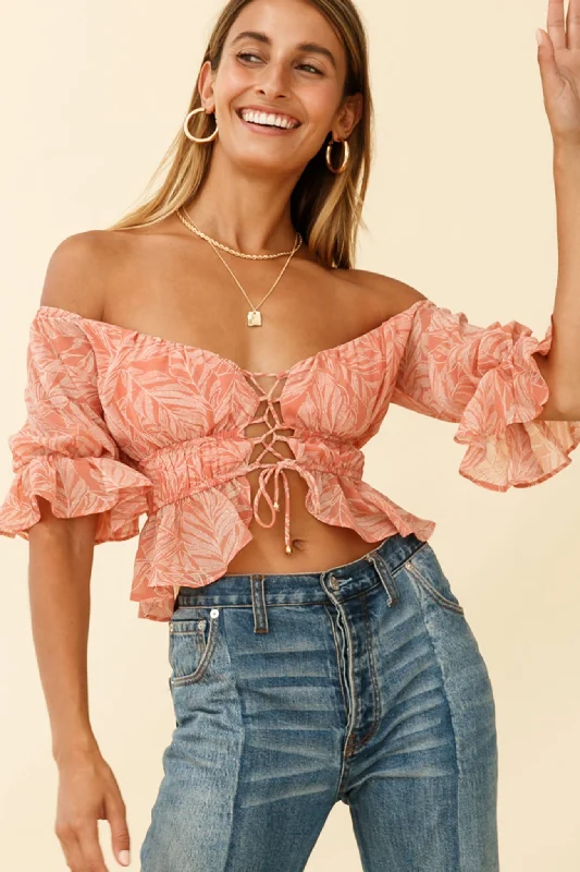 Price Cut Josephina Off-Shoulder Lace-Up Front Crop Top Palm Print Pink