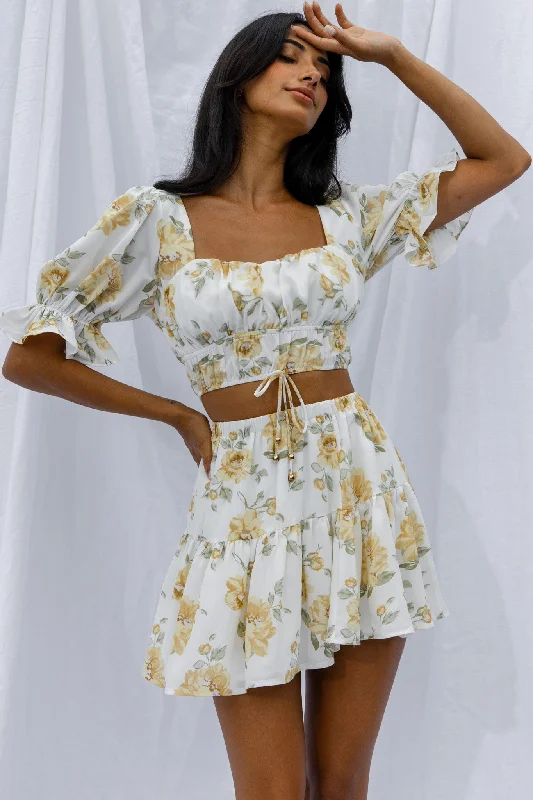 Anniversary Sale Lilibet Puff Sleeve Drawstring Crop Top Floral White