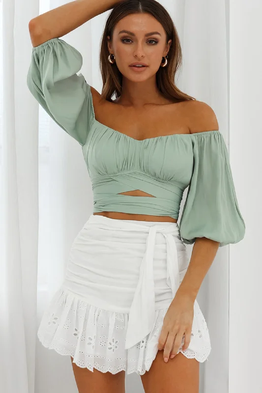 Early Bird Discount Linka Off-Shoulder Half Sleeve Tie-Back Crop Top Pistachio