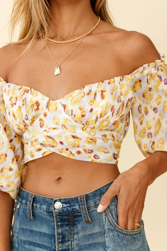 Savings Alert Linka Off-Shoulder Tie-Back Crop Top Leopard Print Yellow