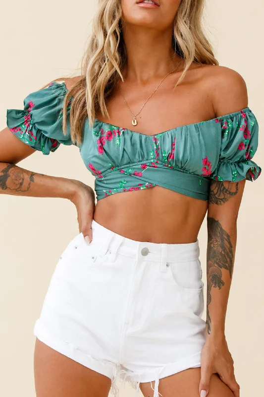 Limited Edition Linka Off-Shoulder Tie-Back Crop Top Pink Floral Print Sage
