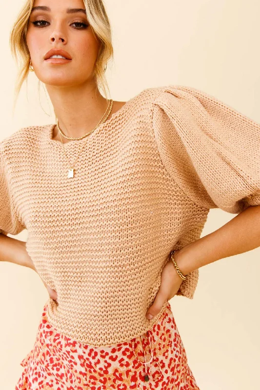 Quick Sale Marla Puff Sleeve Chunky Knit Top Beige
