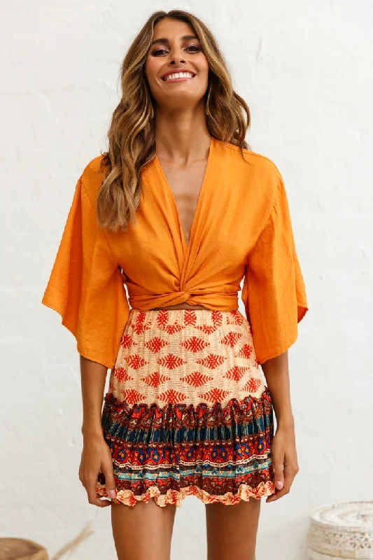 Online Only Rivera Deep V Waist Tie Top Tan