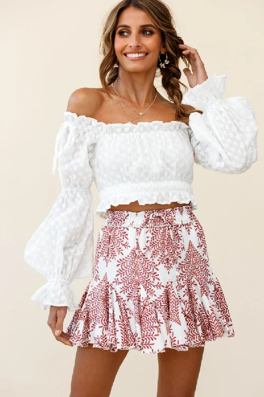 Sale Event Robyn Flounce Mini Skirt Leaf Pattern White