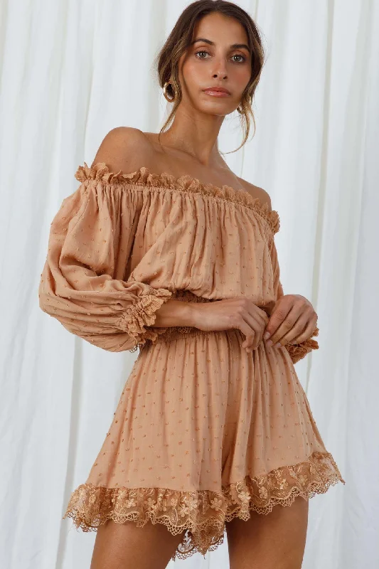 Unmissable Offer Romilly Scalloped Lace Trim Off-Shoulder Top Tan