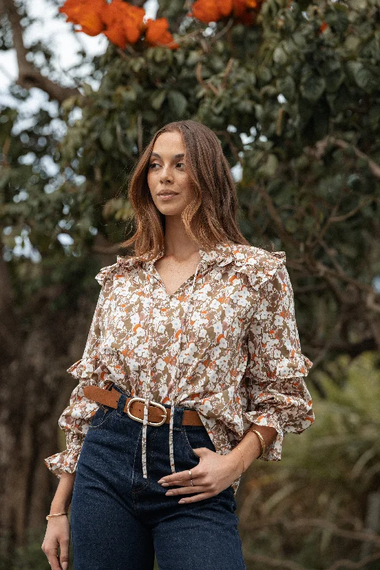 Referral Discount Selmah Long Sleeve Top - Cream Olive Orange