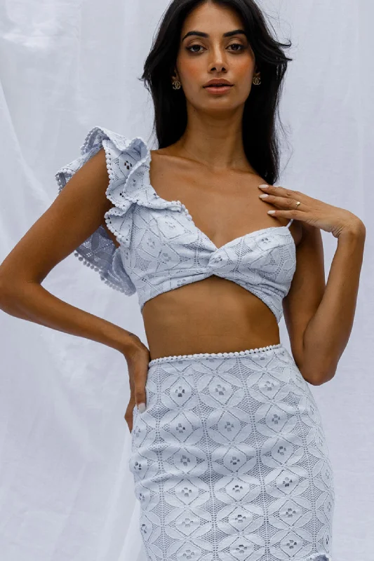 Great Bargains Talk About Me Ruffle Shoulder Twist Bust Crop Top Steel Blue