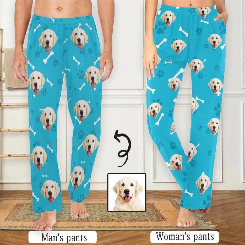 Year-End Sale [More Comfortable]Custom Couple Face Dog Bone Paw Print Blue Background Sleepwear Personalized Women's&Men's Slumber Party Long Pajama Pants