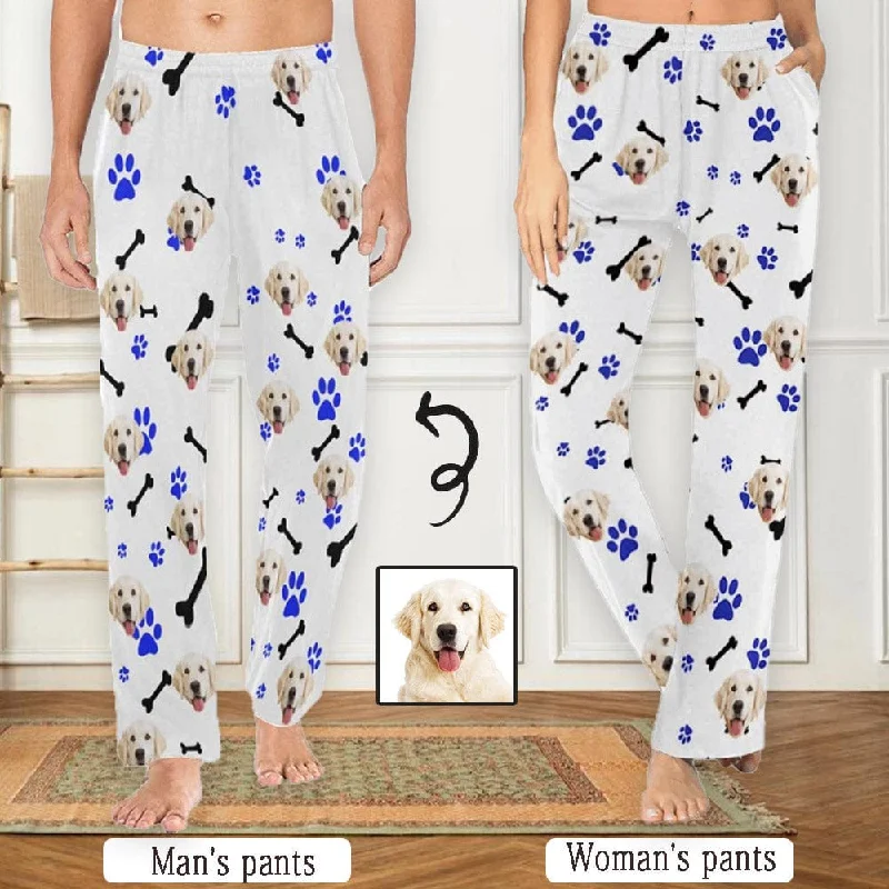 Friends and Family Sale [More Comfortable]Custom Couple Face Dog Bone Paw Print Sleepwear Personalized Women's&Men's Slumber Party Long Pajama Pants