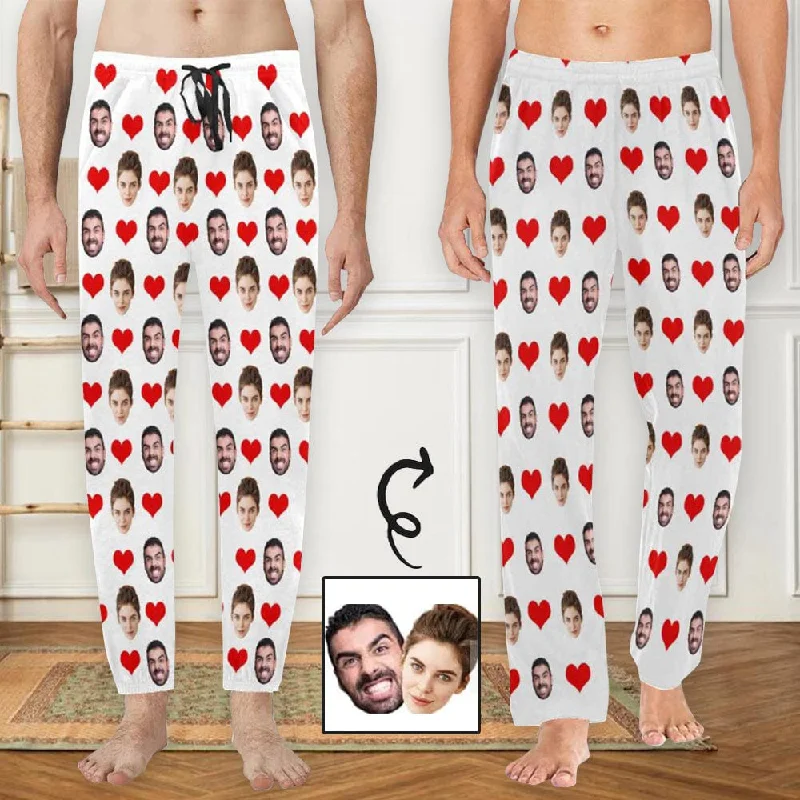 Seasonal Clearance [More Comfortable]Custom Face Long Pajama Pants with Red Love Heart Personalized Men's Slumber Party Sleepwear