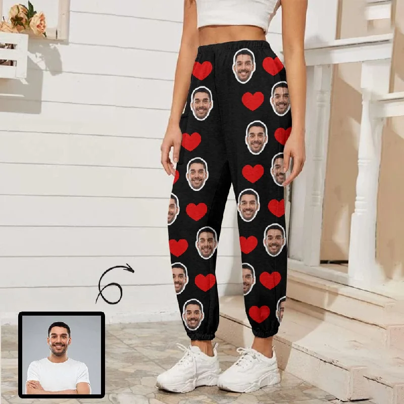 Hot Deal Custom Face Red Heart Black Background Women's Casual Trousers Elastic Waist Sports Pants With Pocket