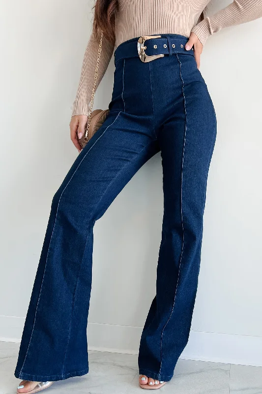 Value Deals Fredericka Belted Denim High Waist Pants (Dark Wash)