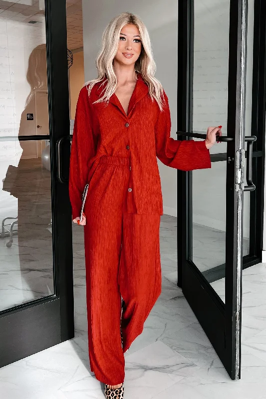 Big Discounts DOORBUSTER Interesting Scenarios Textured Wide Leg Pants (Ruby)