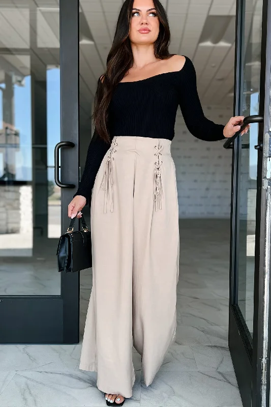 New Arrival Leave A Message Lace Up Palazzo Pants (Beige)