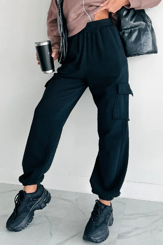 Hurry In Practicing Patience Fleece Cargo Joggers (Black)
