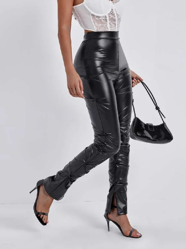 Big Savings PU Patchwork Ruched Split Hem Fitted Pants