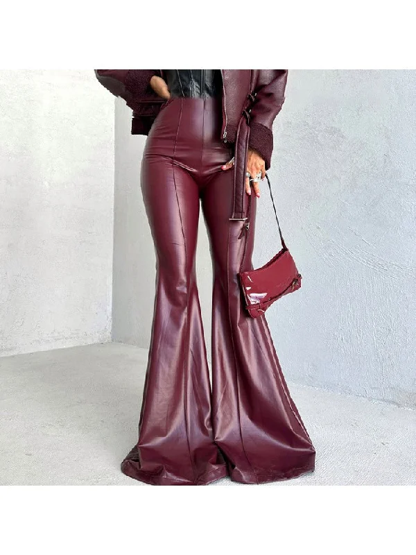 While Supplies Last Solid PU Patchwork Bodycon Flared Pants