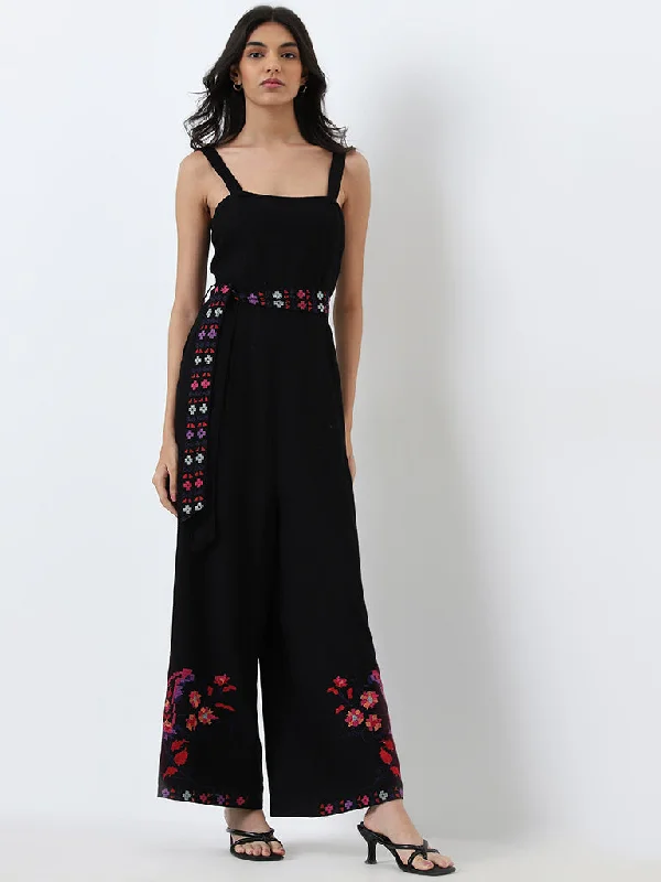 Act Fast LOV Black Floral Embroidered Jumpsuit